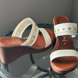 Italian Shoemakers White Wedge Sandals with Gold Eyelets